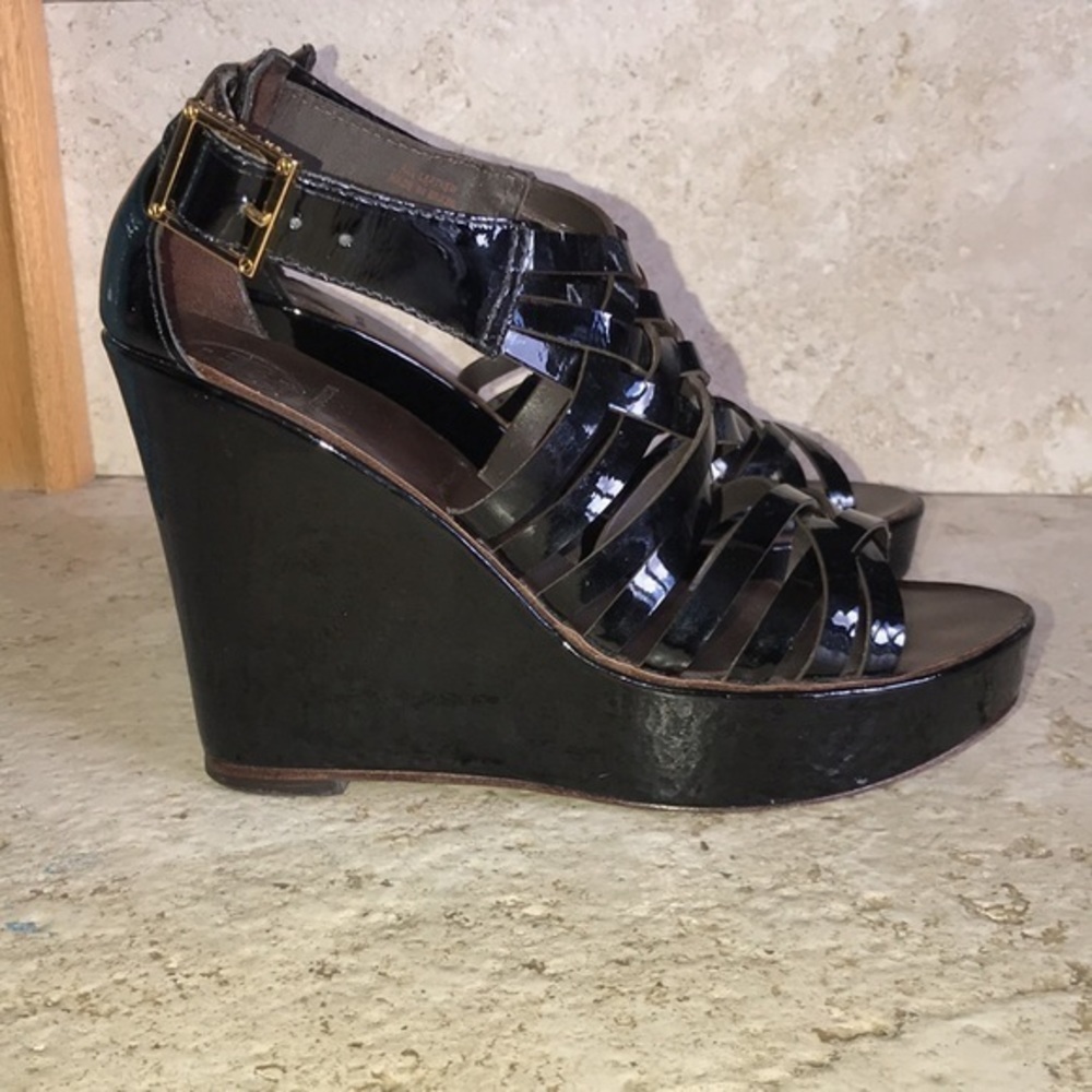 Tory Burch Black, Dark Brown & Gold Gladiator Sandal Leather High Wedge Heels
